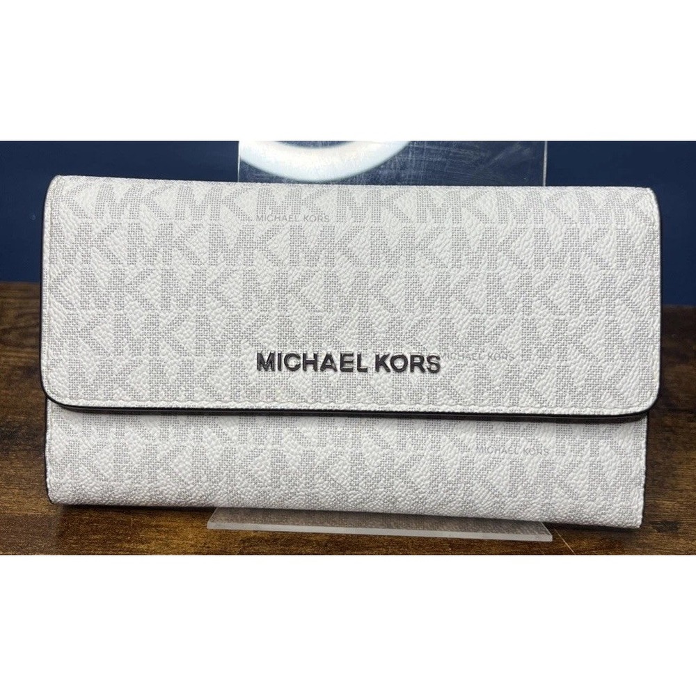 Michael Kors Women's Large White Jet Set Travel Trifold Wallet-Grey MK Logo